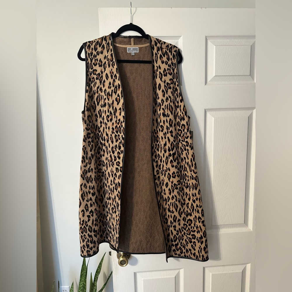 Leopard print with leather trim long vest